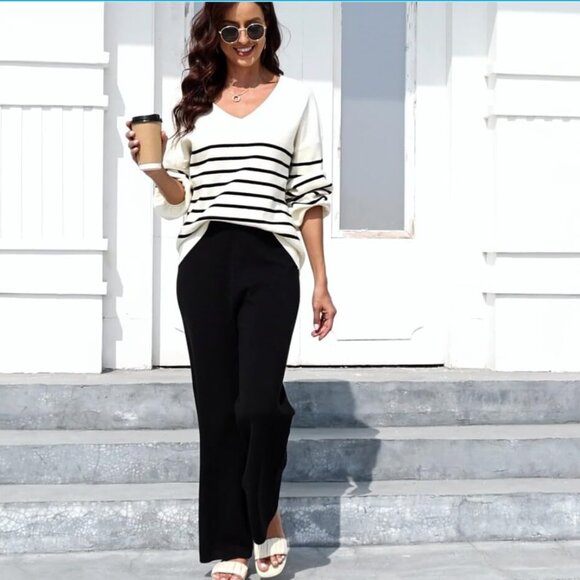 Womens 2 Piece Outfits Sweater Lounge Set Casual V Neck Knit Pajama Set Long Sle - Picture 2 of 5